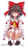  1girl ascot bare_shoulders between_legs blush bottomless bow brown_eyes brown_hair censored collarbone convenient_censoring detached_sleeves gohei hair_bow hair_tubes hakurei_reimu loafers long_sleeves looking_at_viewer masturbation pussy_juice shirt shoes simple_background sing_(artist) solo squatting touhou white_background wide_sleeves 