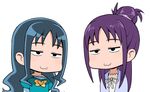  :3 blue_hair futari_wa_precure_splash_star hair_bun haiteku half_updo heartcatch_precure! jitome kurumi_erika long_hair mishou_mai multiple_girls precure purple_hair simple_background smug white_background 