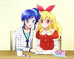  :d aikatsu! aikatsu!_(series) blonde_hair blue_eyes blue_hair candy candy_wrapper chair cup food headband hoshimiya_ichigo kagami_chihiro kiriya_aoi long_hair mug multiple_girls night_clothes notebook open_mouth polka_dot red_eyes scrunchie side_ponytail sitting smile table writing 