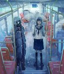  1girl absurdres amo11315 bus chinese_commentary coat commentary_request gas_mask ground_vehicle highres motor_vehicle original school_uniform snowing transparent transparent_umbrella umbrella 