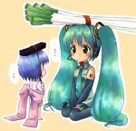  aqua_hair bad_id bad_pixiv_id bare_shoulders binchou-tan binchou-tan_(character) binchou-tan_(cosplay) black_legwear blue_eyes blue_hair blush bow coal cosplay crossover detached_sleeves eye_contact green_eyes hatsune_miku headset highres large_bow long_hair looking_at_another multiple_girls necktie object_on_head short_hair simple_background sitting spring_onion suppy tareme thighhighs translated twintails v_arms very_long_hair vocaloid wariza zettai_ryouiki 