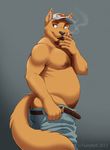  anthro baseball_cap beard belt biceps big_muscles brown_fur butt canine chubby cigar clothing cyan_eyes facial_hair fur furrybob grey_background hat lolly-pup looking_at_viewer male mammal mooning muscles orange_fur pants pants_down plain_background randy_(lolly-pup) redneck side_view smoking solo topless undressing wolf 