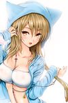  animal_ears between_breasts blonde_hair blush breasts cleavage copyright_request earphones hood hoodie kojima_saya large_breasts long_hair midriff open_mouth see-through shiny shiny_skin single_earphone_removed solo strapless tubetop 