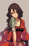  arm_tattoo bare_shoulders belt braid breasts brown_hair cleavage dragon_tattoo earrings fkey jewelry long_hair medium_breasts off_shoulder original partially_undressed red_eyes single_braid solo tassel tattoo upper_body very_long_hair 