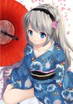  ari_don blue_eyes clannad hairband japanese_clothes kimono long_hair oriental_umbrella sakagami_tomoyo silver_hair sitting umbrella wariza 