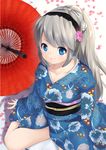  1girl ari_don blue_eyes clannad hairband japanese_clothes kimono long_hair sakagami_tomoyo silver_hair sitting umbrella wariza 