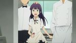  animated animated_gif apron hand_on_head long_hair lowres purple_eyes purple_hair running satou_jun smile tagme takanashi_souta waitress working!! yamada_aoi 