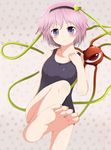  absurdres bad_id bad_pixiv_id barefoot eyeball feet hairband highres komeiji_satori masa_masa one-piece_swimsuit pink_background polka_dot polka_dot_background purple_eyes purple_hair school_swimsuit soles solo swimsuit touhou 