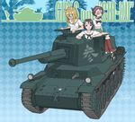  absurdres animal_ears argyle argyle_background boots caterpillar_tracks eyepatch fake_animal_ears freckles girls_und_panzer glasses green_skirt ground_vehicle hairband highres midriff military military_vehicle momogaa motor_vehicle multiple_girls nekonyaa ooarai_school_uniform piyotan pleated_skirt school_uniform serafuku sino_(mechanized_gallery) skirt smile tank type_3_chi-nu 