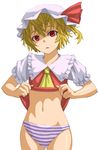  ascot bad_id bad_pixiv_id blonde_hair flandre_scarlet hat hat_ribbon kurione_(zassou) navel no_pants open_mouth panties red_eyes ribbon shirt_lift short_hair side_ponytail simple_background solo striped striped_panties touhou underwear white_background 