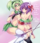  arms_behind_back ass asymmetrical_docking back bdsm between_breasts black_legwear body_writing bondage bottomless bound breast_press breasts flower glasses green_eyes green_hair hair_flower hair_ornament hair_ribbon hairband hieda_no_akyuu highres maullarmaullar microphone multiple_girls obi off_shoulder original phallic_symbol promotional_art purple_eyes purple_hair ribbon rope sash semi-rimless_eyewear shibari shirt_lift short_hair short_twintails skirt strappado thighhighs touhou twintails under-rim_eyewear white_legwear 