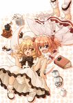  blonde_hair blue_eyes book chestnut_mouth coffee coffee_beans coffee_pot cup drill_hair fang hat hirasaka_makoto luna_child multiple_girls open_mouth orange_hair patterned_background red_eyes smile sunny_milk touhou twintails vacuum_coffee_maker wings 