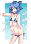  bad_anatomy bikini blue_eyes blue_hair bokuso choker cirno clothes_writing flat_chest highres ice ice_wings micro_bikini short_hair smile solo swimsuit touhou wings 