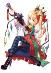  alternate_costume argyle argyle_legwear black_legwear blonde_hair bow crown flandre_scarlet full_body hair_bow high_heels lance long_hair looking_at_viewer pantyhose polearm red_eyes shoes side_ponytail simple_background solo touhou tsurukame weapon white_background wings 