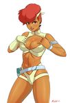  armlet breasts cleavage cleavage_cutout dark_skin dirty_pair flick-the-thief gloves headband kei_(dirty_pair) large_breasts lips long_hair midriff red_hair short_hair smile solo 
