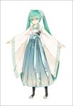  chinese_clothes flats flower full_body green_eyes green_hair hair_flower hair_ornament hanfu hatsune_miku long_hair long_sleeves pantyhose sash shuiyituzi skirt solo twintails very_long_hair vocaloid white_background wide_sleeves 