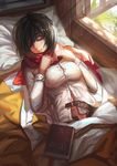  belt black_hair book buckle closed_eyes light_rays mikasa_ackerman saber_01 scarf shingeki_no_kyojin short_hair sleeping smile solo sunbeam sunlight unbuckled_belt window 