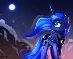  blue_eyes cloud cutie_mark equine female feral friendship_is_magic full_moon horn horse looking_away mammal moon my_little_pony necklace night pony princess_luna_(mlp) skyline19 solo sparkles standing stars winged_unicorn wings 