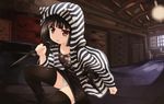  :o akemiho_tabi_nikki animal_hood black_hair black_legwear blush boots cat_hood fukube_tamaki hood hoodie kouno_hikaru kunai open_clothes open_hoodie panties pantyshot red_eyes short_hair skirt solo striped striped_hoodie thighhighs underwear weapon white_panties 