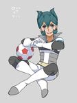  armband bad_id bad_pixiv_id ball boots cosplay full_body gloves green_hair inazuma_eleven inazuma_eleven_(series) kiyama_hiroto kiyama_hiroto_(cosplay) male_focus open_mouth rococo_urupa simple_background soccer_ball solo telstar the_genesis zuwai_kani 