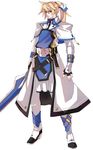  blonde_hair blue_eyes boots capelet fingerless_gloves full_body gloves guilty_gear guilty_gear_xrd hair_ribbon ky_kiske long_hair makai male_focus over_shoulder ponytail ribbon solo sword sword_over_shoulder uniform weapon weapon_over_shoulder 