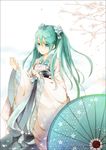  chinese_clothes commentary_request flower green_eyes green_hair hair_flower hair_ornament hanfu hatsune_miku in_palm long_hair long_sleeves oriental_umbrella sash shuiyituzi solo twintails umbrella vocaloid wide_sleeves 