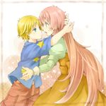  1girl blonde_hair blue_eyes dress green_eyes hug jinrui_wa_suitai_shimashita joshu-san long_hair open_mouth pink_hair sakurage short_hair shorts star star_print sweatdrop very_long_hair watashi_(jintai) 