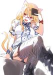  :d blonde_hair boots breasts cat cat_tail fang fishnet_legwear fishnets garter_straps glasses hand_on_own_head holding large_breasts leg_up long_hair notepad open_mouth original pine pine-chan_ver._2 red_eyes ribbon simple_background sitting smile solo tail thighhighs wrist_ribbon 