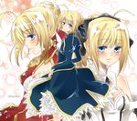  ahoge artoria_pendragon_(all) blonde_hair blue_eyes bow dress dual_persona fate/extra fate/stay_night fate/unlimited_codes fate_(series) hair_bow multiple_girls nero_claudius_(fate) nero_claudius_(fate)_(all) ponytail redbell84 saber saber_lily 