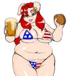  alcohol beer beverage big_breasts bikini breasts chubby ear_piercing female green_eyes hair hamburger lips piercing pig porcine red_hair speeds tagme tight_clothing 