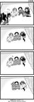  3girls 4koma casual comic covering_with_blanket greyscale hairband highres if_they_mated kandanchi koharu_(kandanchi) koizumi_miki kyonta_(kandanchi) monochrome multiple_girls ponytail short_hair silent_comic sleeping suzumiya_haruhi suzumiya_haruhi_no_yuuutsu thighhighs translated twintails 