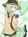  eyeball green_eyes green_hair hat heart heart_of_string highres komeiji_koishi neon_(co2co8) open_mouth short_hair skirt sleeves_past_wrists smile solo third_eye touhou 