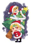  blonde_hair blue_eyes chibi christmas christmas_tree father_and_son giorno_giovanna hat jojo_no_kimyou_na_bouken multiple_boys red_eyes rishiya santa_costume santa_hat 