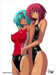  2girls aqua_eyes aqua_hair bare_shoulders blush breasts competition_swimsuit covered_nipples erect_nipples female large_breasts multiple_girls nyanko_batake one-piece_swimsuit open_mouth red_eyes red_hair short_hair simple_background smile speedo swim_briefs swimsuit tan tanline yuri 