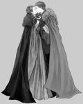  1girl a_song_of_ice_and_fire bad_id bad_pixiv_id braid cape dress gloves greyscale hetero kiss monochrome sansa_stark single_braid siuuu theon_greyjoy what_if 