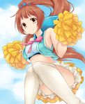  armpits brown_eyes brown_hair idolmaster idolmaster_cinderella_girls long_hair midriff minami_machi pom_poms ponytail skirt thighhighs wakabayashi_tomoka 