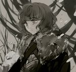  a_song_of_ice_and_fire bob_cut bran_stark brown_eyes brown_hair cape fur_trim male_focus monochrome muted_color snow solo summer_(a_song_of_ice_and_fire) suou wavy_hair wolf 