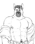  black_and_white body_hair canine dog german_shepherd hammer_(character) happy_trail looking_at_viewer male mammal monochrome muscles nipples one_eye_closed solo topless vasuki wink 