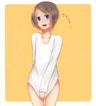  akky_(akimi1127) bad_id bad_pixiv_id blue_eyes blush bottomless brown_hair collarbone covering covering_crotch hair_ornament hairclip heart looking_at_viewer male_focus open_mouth orange_background original otoko_no_ko shirt short_hair solo white_shirt 