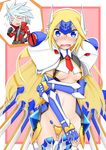  1girl blazblue blonde_hair blue_eyes blush breasts crotch_plate elbow_gloves embarrassed forehead_protector full-face_blush gloves headgear kuroshiro_(ms-2420) long_hair mecha_musume medium_breasts mu-12 navel open_mouth pauldrons pink_background ragna_the_bloodedge revealing_clothes silver_hair sweatdrop tears wavy_mouth 