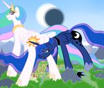  blue_eyes blue_hair building butt crown cutie_mark duo equine female feral friendship_is_magic giant grin hair horn horse khorme looking_back mammal multi-colored_hair my_little_pony outside pink_eyes pony princess princess_celestia_(mlp) princess_luna_(mlp) royalty sibling sisters winged_unicorn wings 