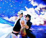  black_hair cosplay gakuran green_eyes hair_down hat higashikata_jousuke highres jojo_no_kimyou_na_bouken kuujou_joutarou kuujou_joutarou_(cosplay) lacuna1479 long_coat multiple_boys pointing purple_eyes school_uniform v 