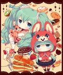  animal_hood apollo_chocolate aqua_eyes bad_id bad_pixiv_id bunny_hood cake candy checkerboard_cookie chibi cookie copyright_name detached_sleeves doughnut english food fork french_cruller fruit gloves green_hair hands_together haru431 hatsune_miku hood jam_cookie jelly_bean kinoko_no_yama kiwifruit konpeitou lollipop long_hair lots_of_laugh_(vocaloid) macaron multiple_girls pancake scrunchie slice_of_cake socks stack_of_pancakes strawberry strawberry_shortcake stuffed_animal stuffed_toy sweets twintails very_long_hair vocaloid 