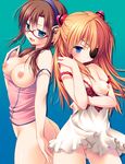 2girls blue_eyes blush breasts brown_hair character_request eyepatch female gainax glasses kino_konomi konomi_(kino_konomi) long_hair looking_at_viewer multiple_girls neon_genesis_evangelion nipples no_panties open_mouth red_hair smile twintails 