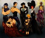  6+boys birthmark black_hair blonde_hair blood blue_eyes blue_hair brown_eyes brown_hair corpse cosplay cross cross_necklace dark_persona dio_brando dio_brando_(cosplay) dual_persona family gakuran giorno_giovanna habit higashikata_jousuke highres jesus jewelry johnny_joestar jojo_no_kimyou_na_bouken jonathan_joestar joseph_joestar_(young) kars_(jojo) kars_(jojo)_(cosplay) kuujou_jolyne kuujou_joutarou multiple_boys nancy1209 necklace nun pink_hair purple_eyes red_eyes scar scarf school_uniform severed_hand shirtless star steel_ball_run stone_mask_(jojo) wings 