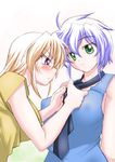  blush breasts green_eyes long_hair lyrical_nanoha mahou_shoujo_lyrical_nanoha_strikers multiple_girls necktie orange_hair purple_eyes purple_hair sakura_ryuuken short_hair subaru_nakajima sweatdrop teana_lanster 