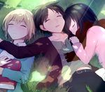  1girl 2boys armin_arlert belt black_hair blonde_hair blush book buckle eren_jaeger eyes_closed grass hoshiyui_tsukino long_sleeves mikasa_ackerman multiple_boys pants scarf shingeki_no_kyojin short_hair sleeping sweatdrop 