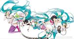  :d aqua_eyes aqua_hair blush floating_hair full_body hatsune_miku kneeling long_hair mebae multiple_girls open_mouth redial_(vocaloid) simple_background smile tareme very_long_hair vocaloid white_background 