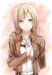  arm_behind_back blonde_hair blue_eyes christa_renz emblem grin hyp jacket long_hair paradis_military_uniform salute shingeki_no_kyojin smile solo training_corps_(emblem) upper_body 