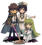  2boys :q aoki_(fumomo) black_hair boots brown_hair c.c. cape code_geass eating food food_in_mouth gloves green_eyes green_hair hat kururugi_suzaku leg_hug lelouch_lamperouge long_hair multiple_boys outstretched_arm outstretched_hand pizza purple_eyes sitting sword thigh_boots thighhighs tongue tongue_out weapon yellow_eyes 